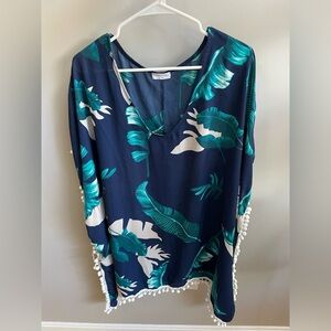 Navy and Teal Tropical Swim Cover-Up